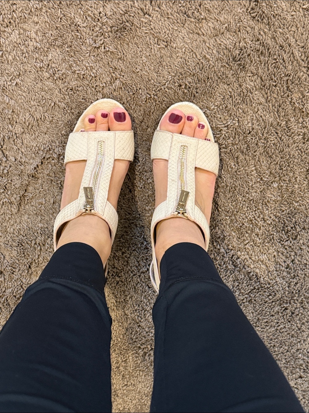 MICHAEL Michael Kors pale pink T-Strap Wedge Sandals with Gold Hardware